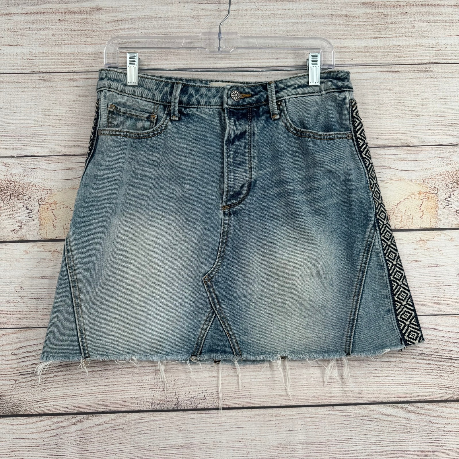 Driftwood Denim Mini Skirt Women 29 Blue Stef Embroidered Side Tape Raw Hem